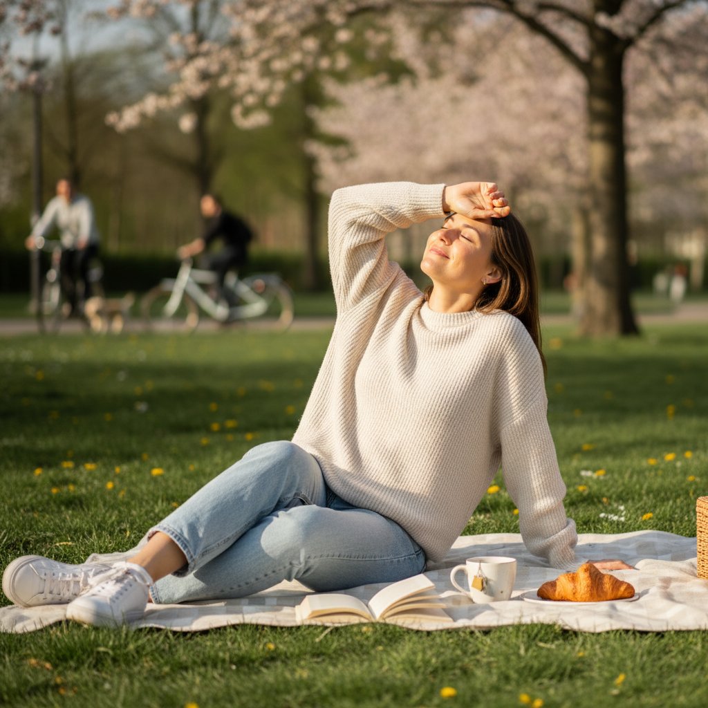 Kobieta na ławce w parku, odpoczywająca po pracy, z uśmiechem – mikro-przerwy na napięcie