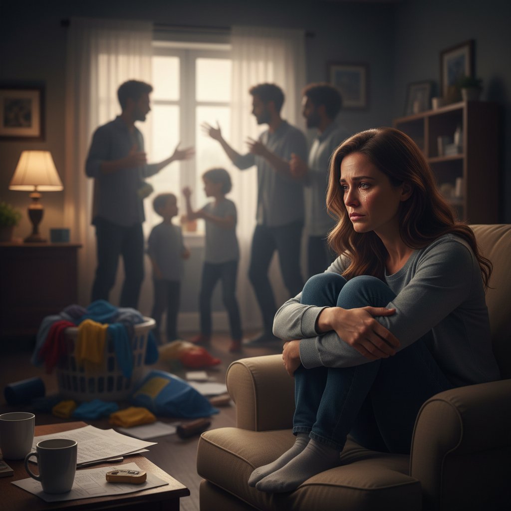 Młoda kobieta siedzi samotnie na łóżku, wyraźnie przytłoczona stresem i smutkiem