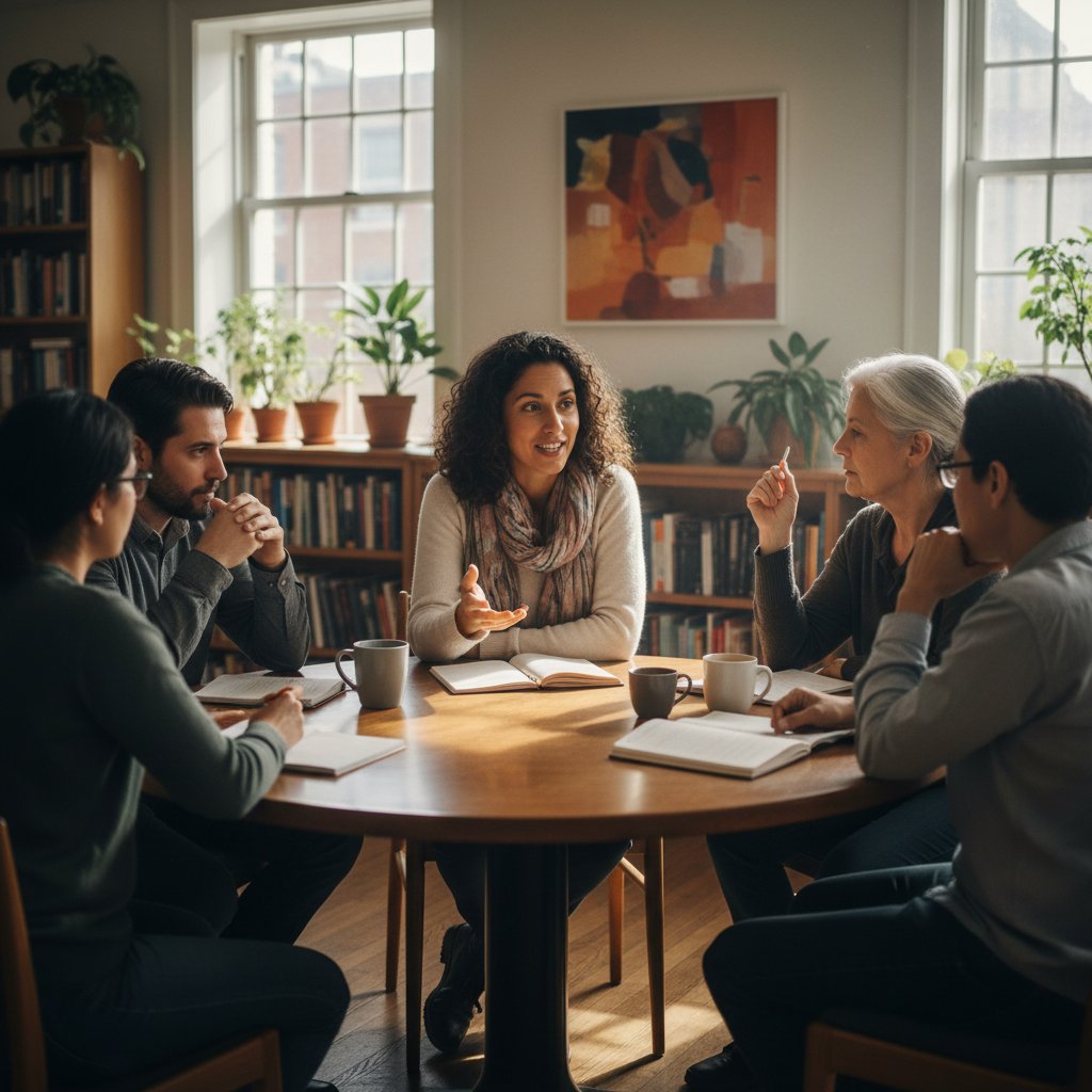 Zdjęcie: kobieta opowiadająca swoją historię grupie, wyraz ulgi po rozmowie, klub dyskusyjny