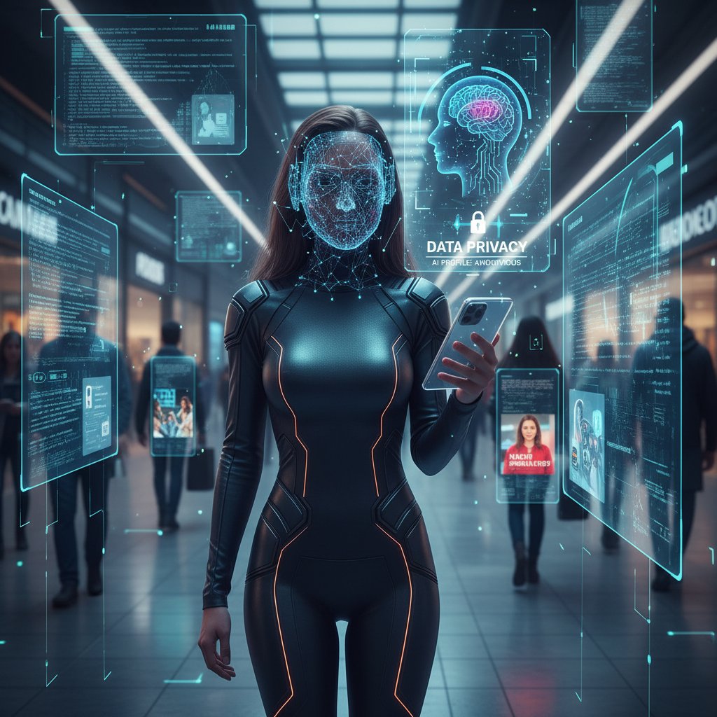 Młoda kobieta patrzy na telefon w galerii handlowej – profilowanie przez AI, zakupy, dane