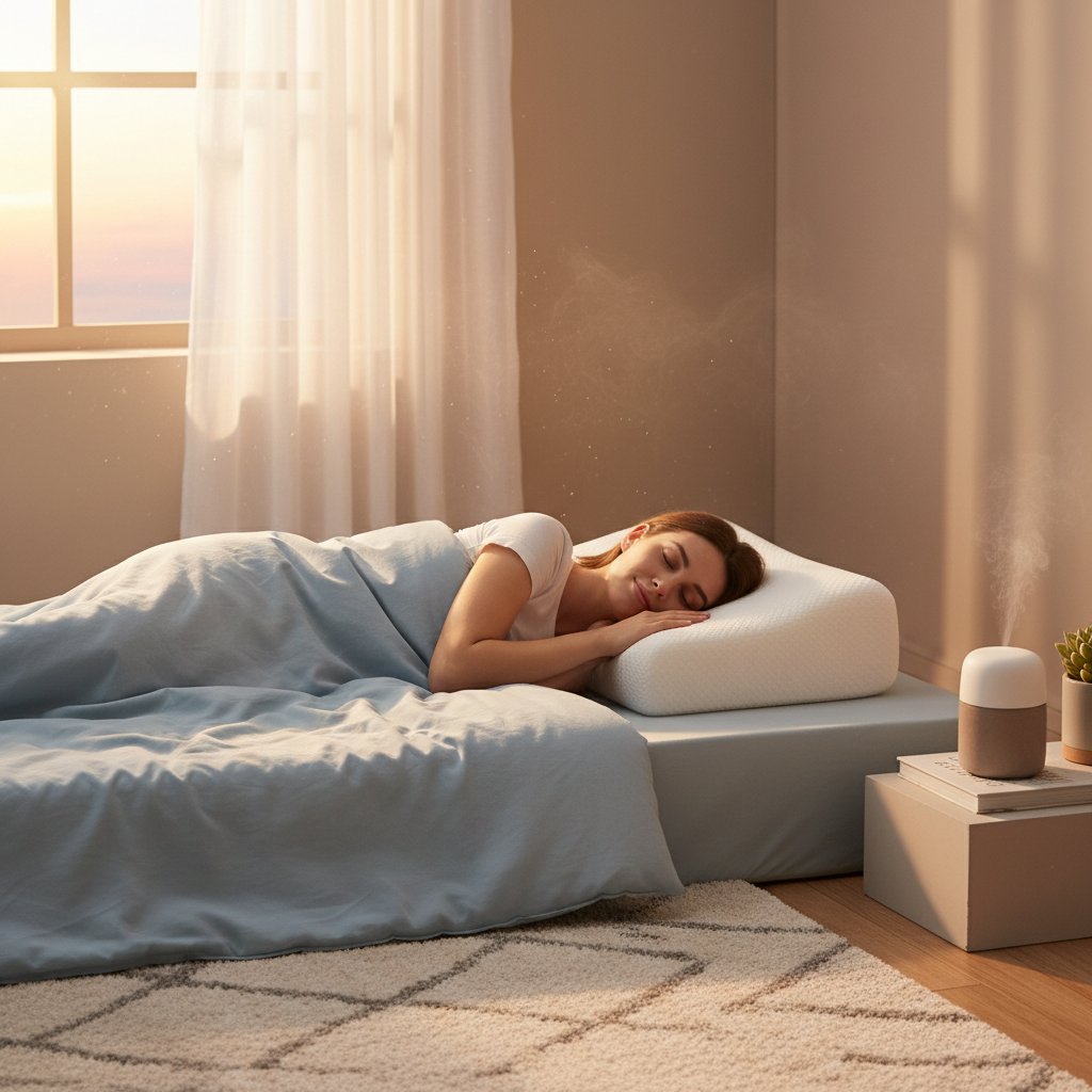 Kobieta śpiąca spokojnie na poduszce ortopedycznej, poranna jasność