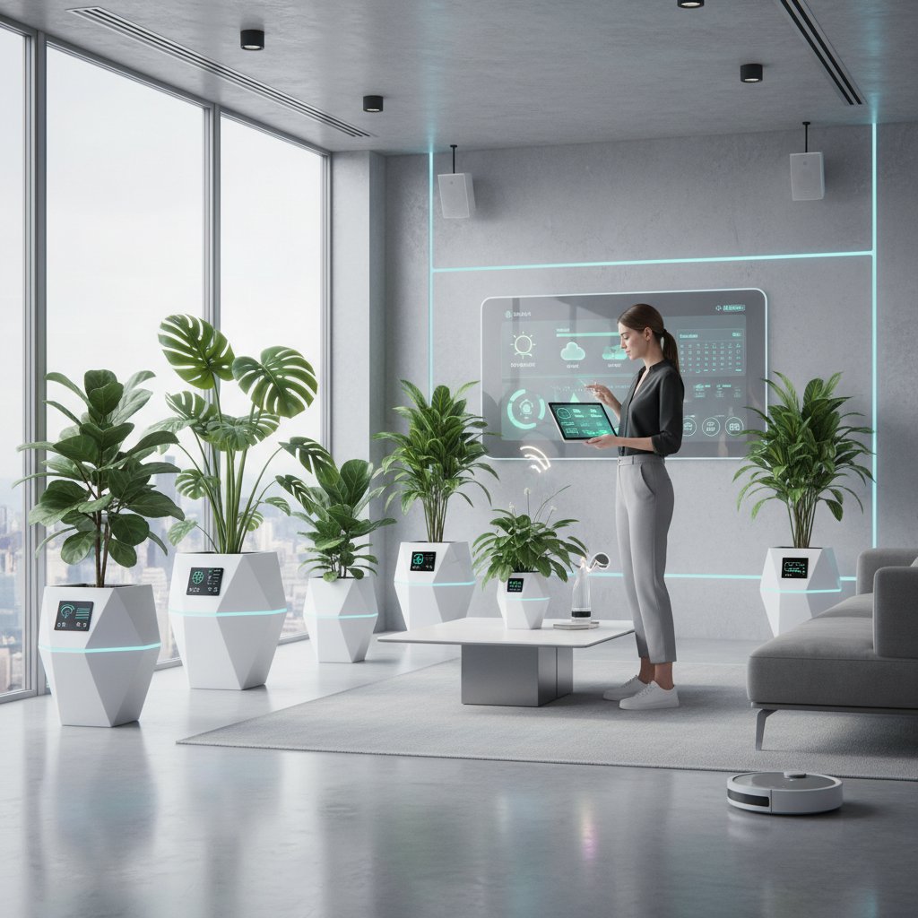 Kasia w nowoczesnym mieszkaniu z inteligentnymi doniczkami i zielonymi roślinami
