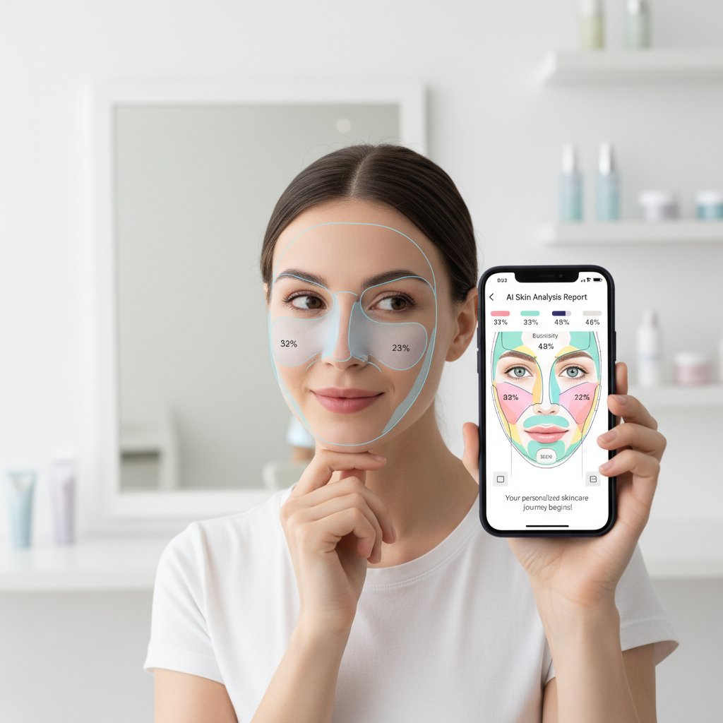 Nowoczesna kobieta dokonująca analizy skóry smartfonem, światło ekranu podkreśla detale twarzy, analiza AI w tle
