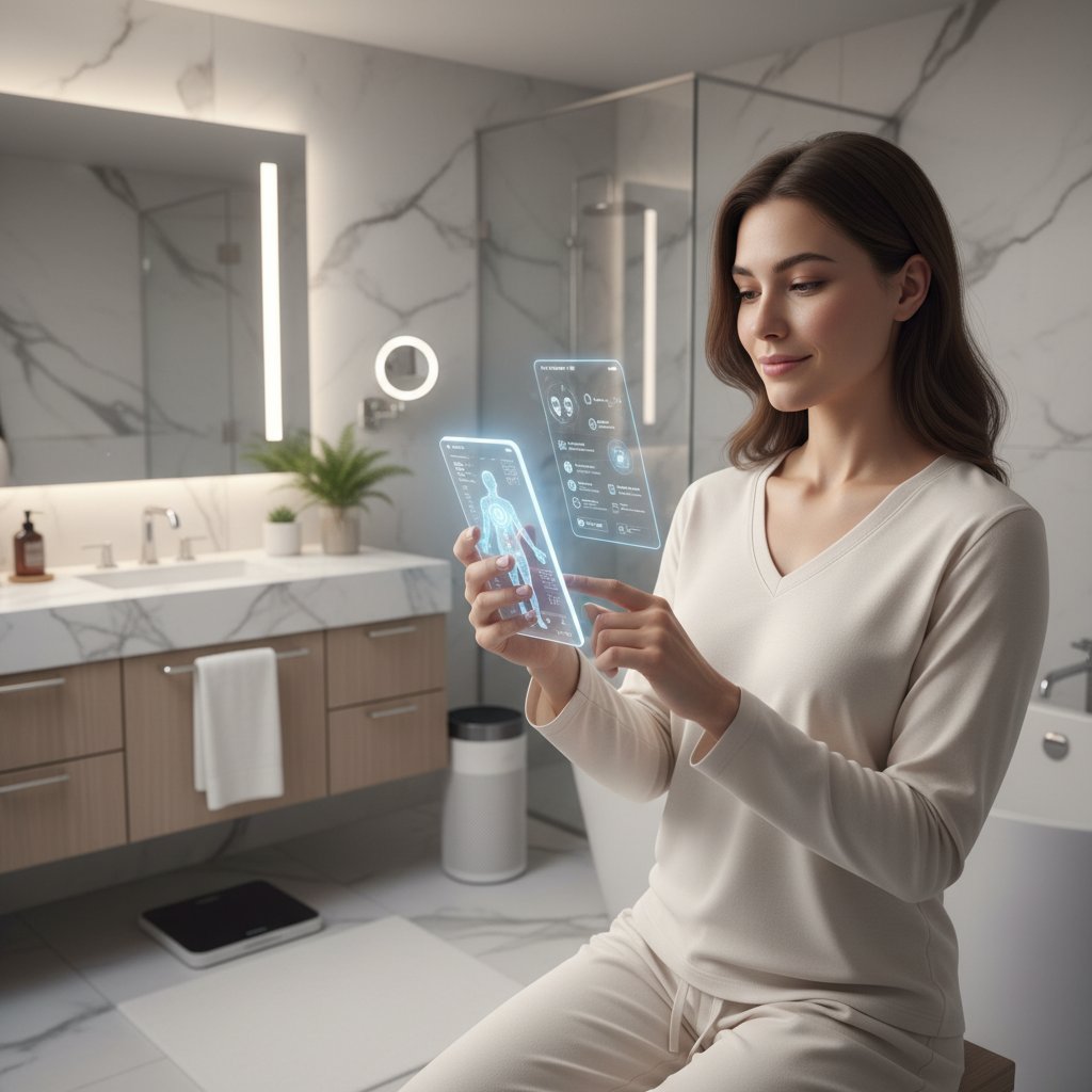 Zdjęcie kobiety korzystającej ze smartfonu w łazience – symbol wsparcia AI w pierwszym kontakcie zdrowotnym