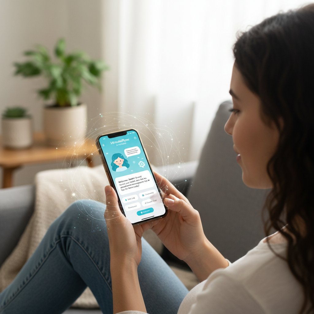 Kobieta korzystająca z aplikacji zdrowotnej na smartfonie, analiza objawów – wsparcie AI, hirsutyzm