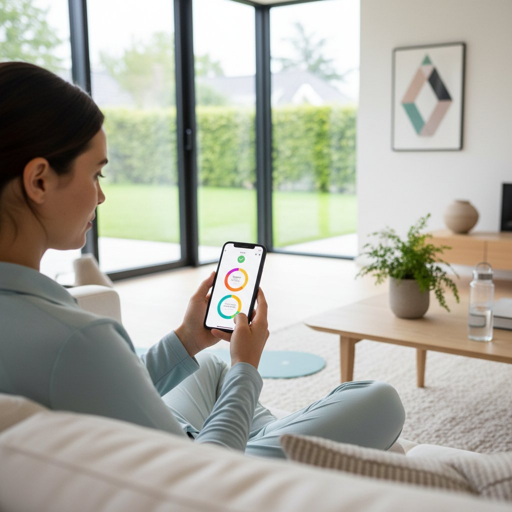 Młoda kobieta korzystająca z aplikacji zdrowotnej na smartfonie, tło nowoczesnego mieszkania