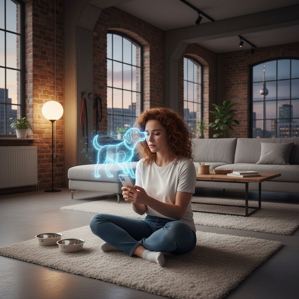 Frau mit Smartphone und virtuellem Hund auf Bildschirm in Berliner Loft, emotionale Szene, flexible Interaktion