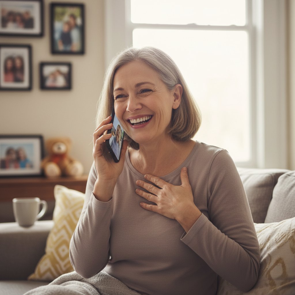 Anna rozmawia z AI i czuje wsparcie emocjonalne, ciepłe światło, radosna atmosfera