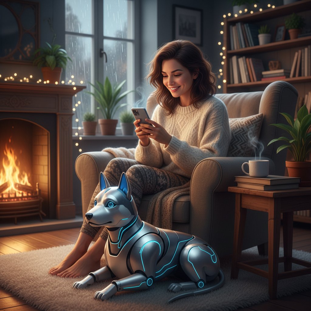 Kobieta uśmiechająca się do smartfona z psem AI, przytulny wieczór w domu