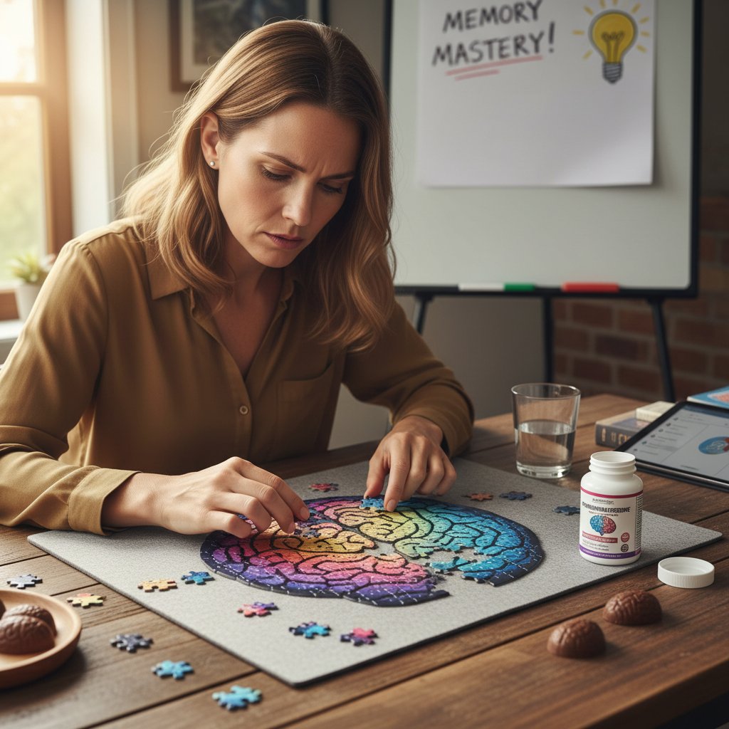 Kobieta rozwiązująca łamigłówkę – symbol poprawy pamięci po suplementacji fosfatydyloseryną