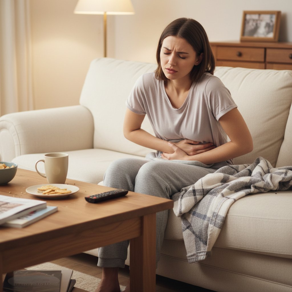 Zdjęcie: kobieta trzymająca się za brzuch, wyraz dyskomfortu, domowe otoczenie, światło dzienne