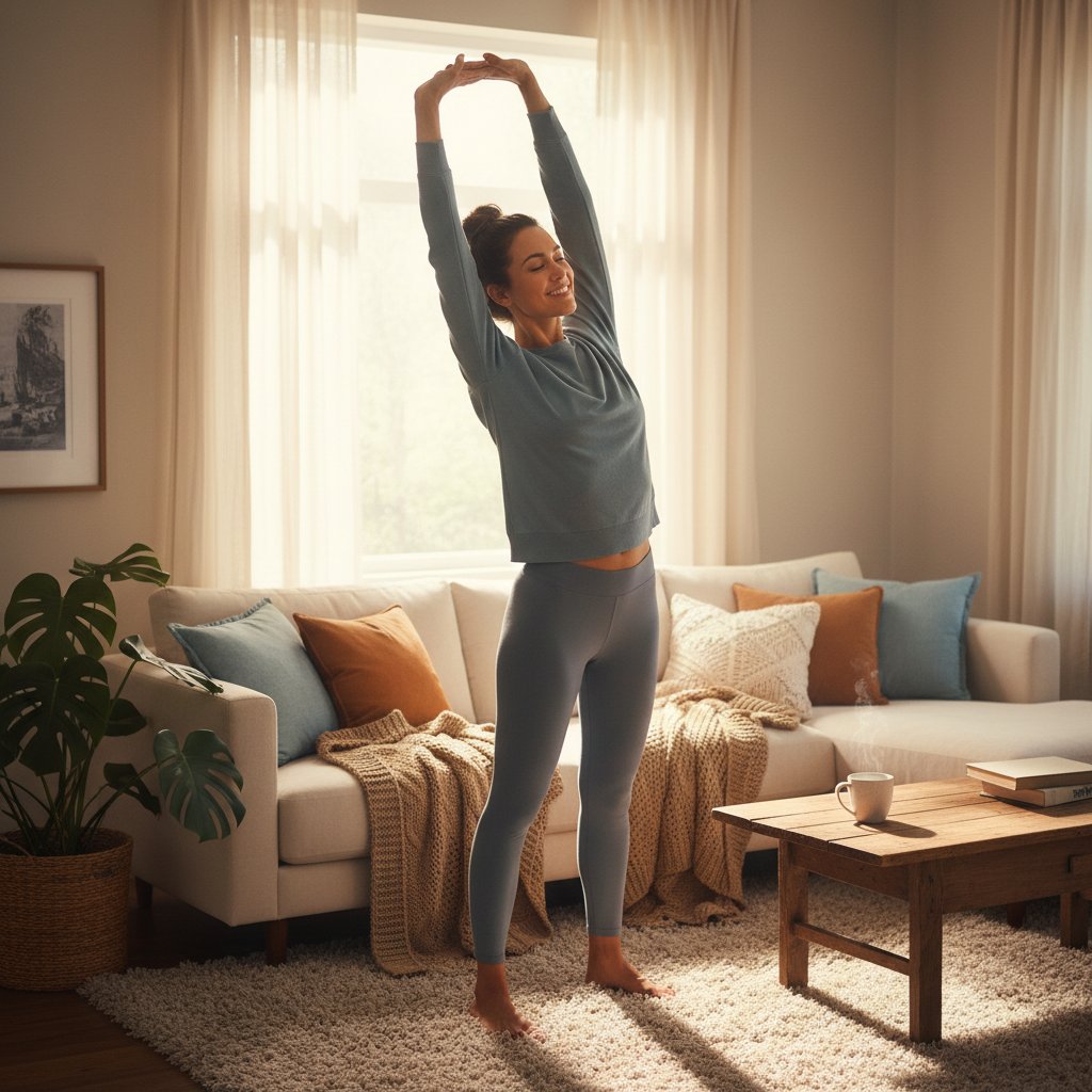 Kobieta rozciągająca się w salonie podczas rekonwalescencji po laparoskopii, optymistyczna atmosfera
