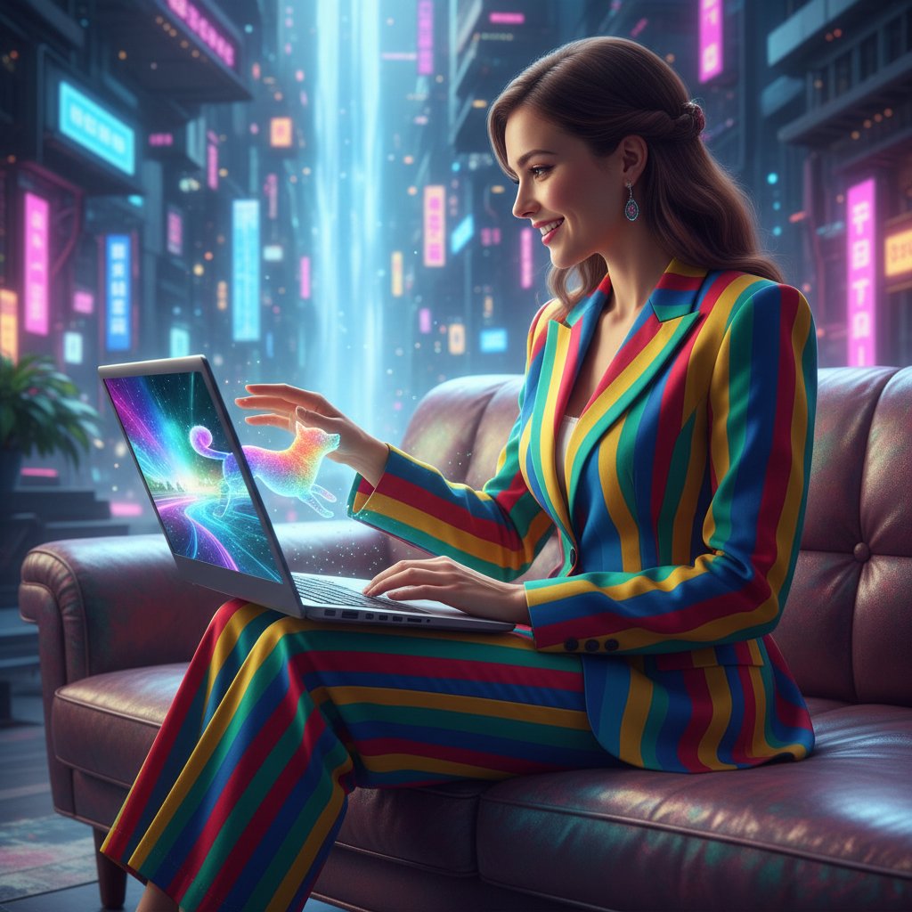 Kobieta w garniturze przy laptopie, na ekranie kolorowy wirtualny pies