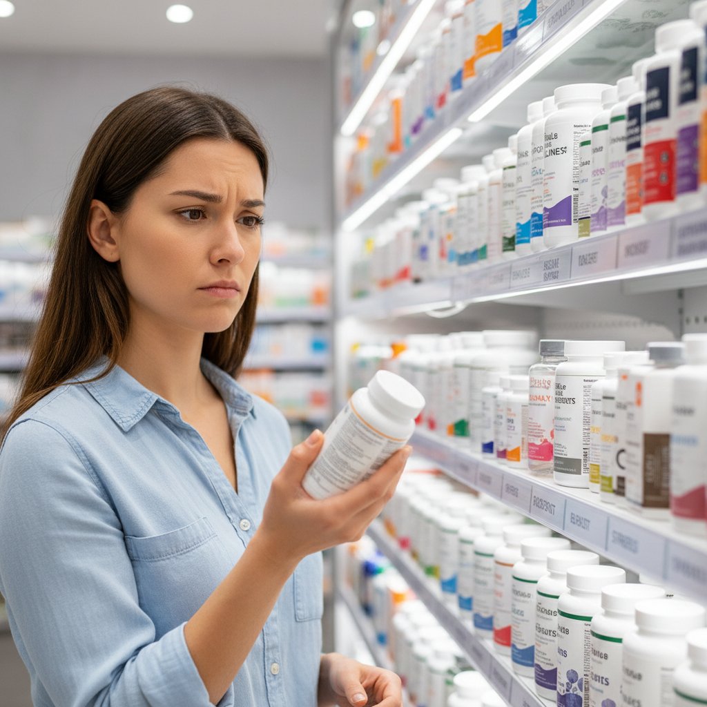 Kobieta przy półce z suplementami, zdezorientowana, pełna etykiet i kolorowych opakowań