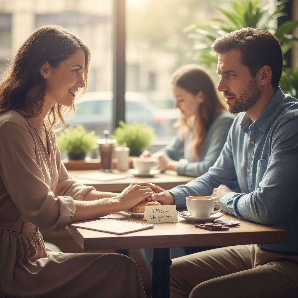 Kobieta rozmawiająca z partnerem w przyjaznej atmosferze, wsparcie i zrozumienie w PMS