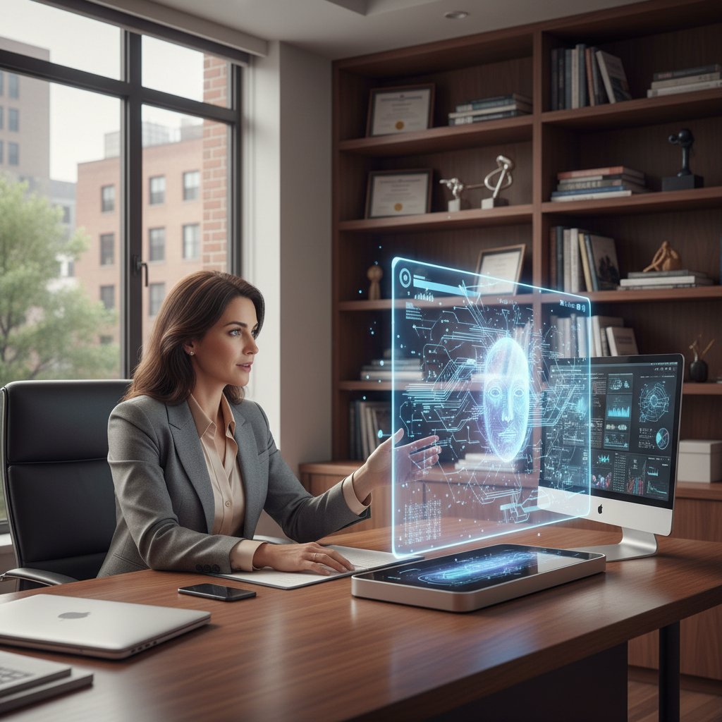 Kobieta rozmawiająca z AI symulatorem w domowym biurze, profesjonalna atmosfera