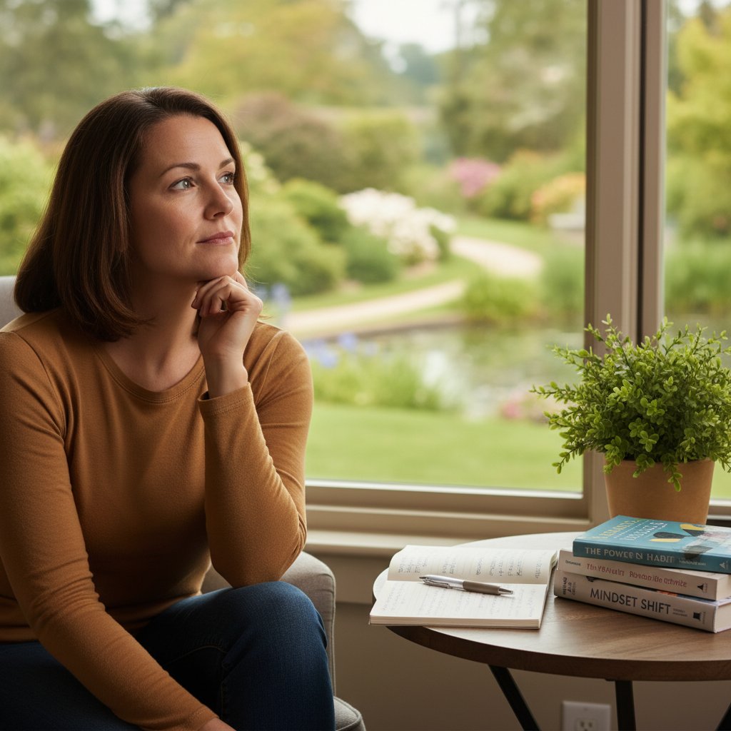 Kobieta patrząca w okno, refleksja nad rozwojem osobistym, poczucie spełnienia