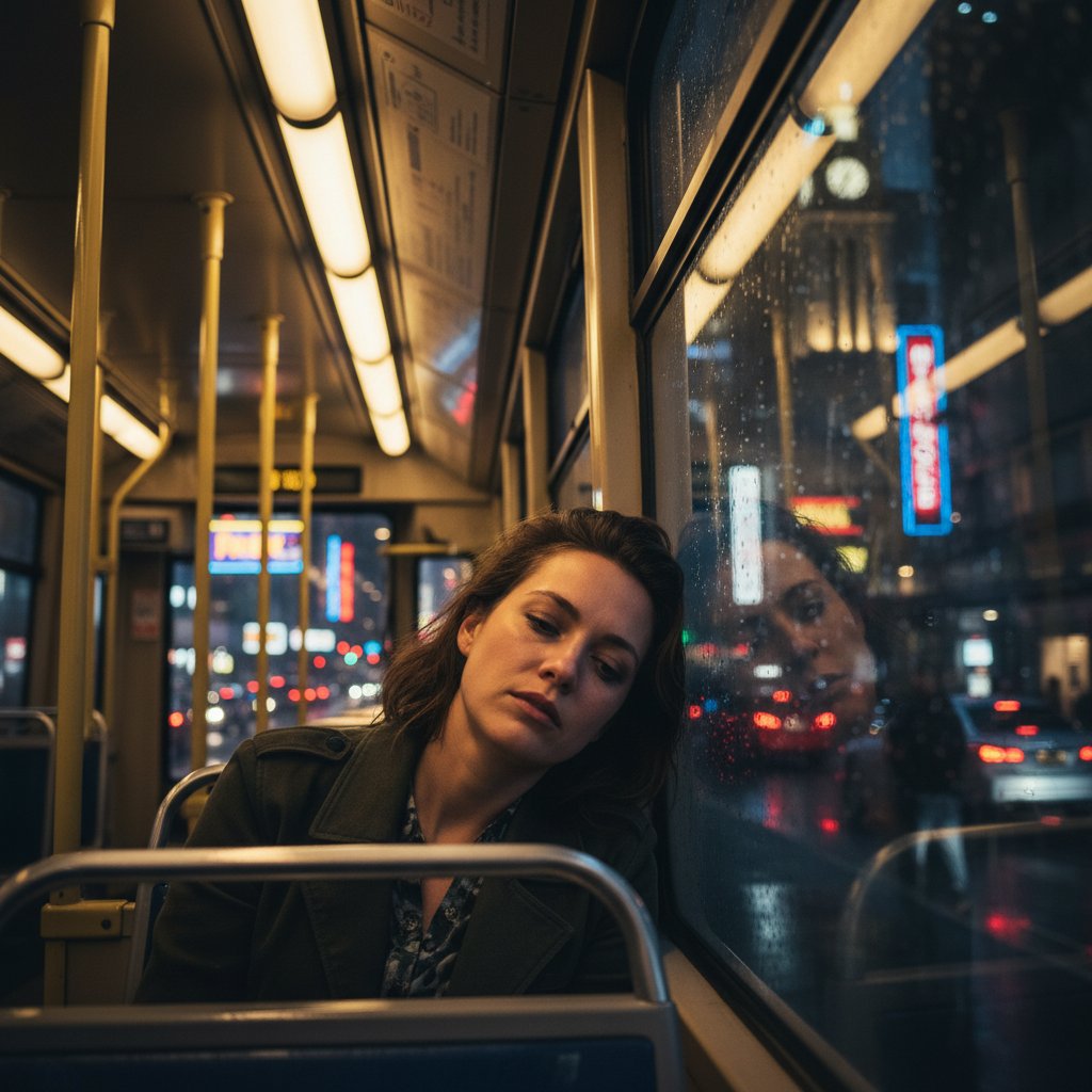 Kobieta we wczesnym wieku średnim z oznakami zmęczenia w miejskim tramwaju