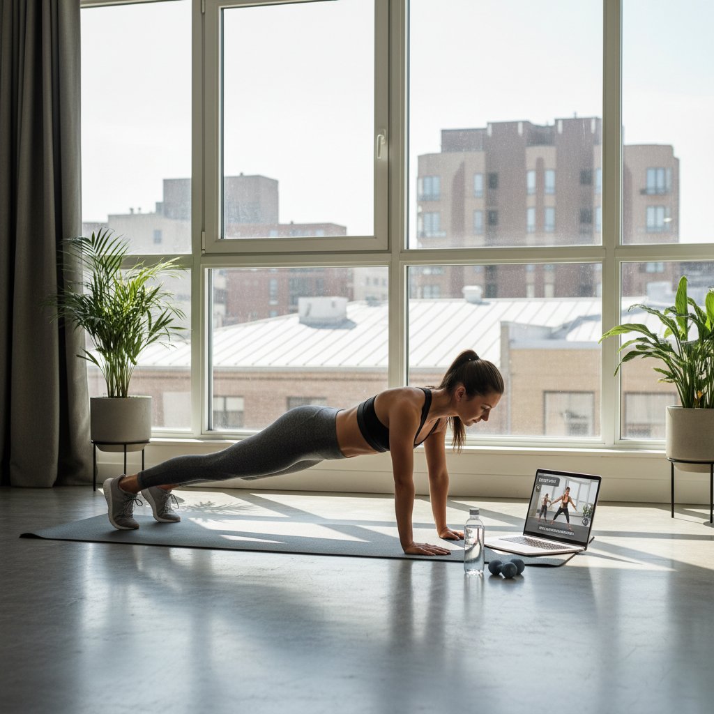 Osoba ćwicząca w salonie z widocznym laptopem i aplikacją fitness – motywacja w treningu online