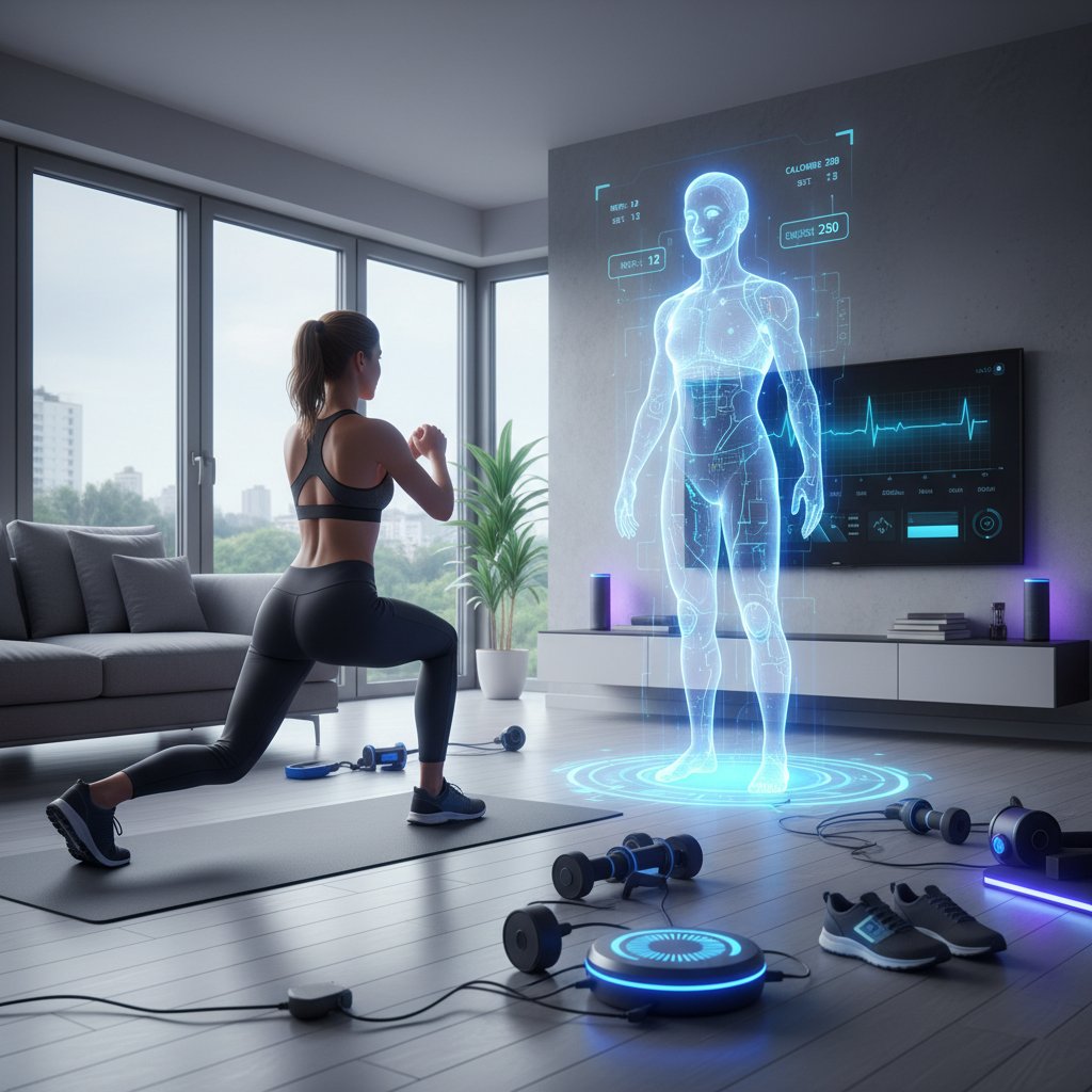 Technologiczna wizualizacja kobiety ćwiczącej z wirtualną trenerką AI w domu