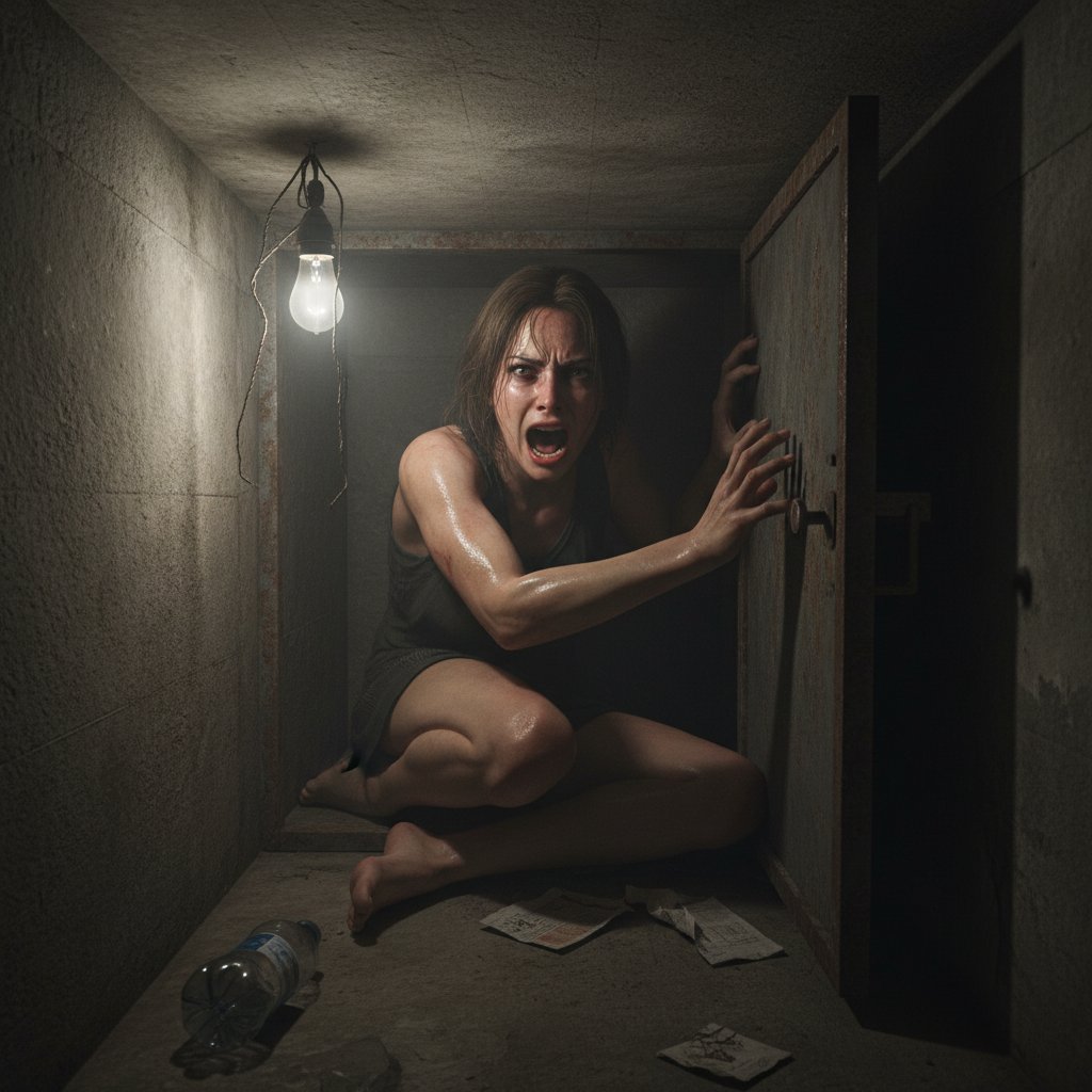 Woman trapped in a tiny room, panic anxiety film scene