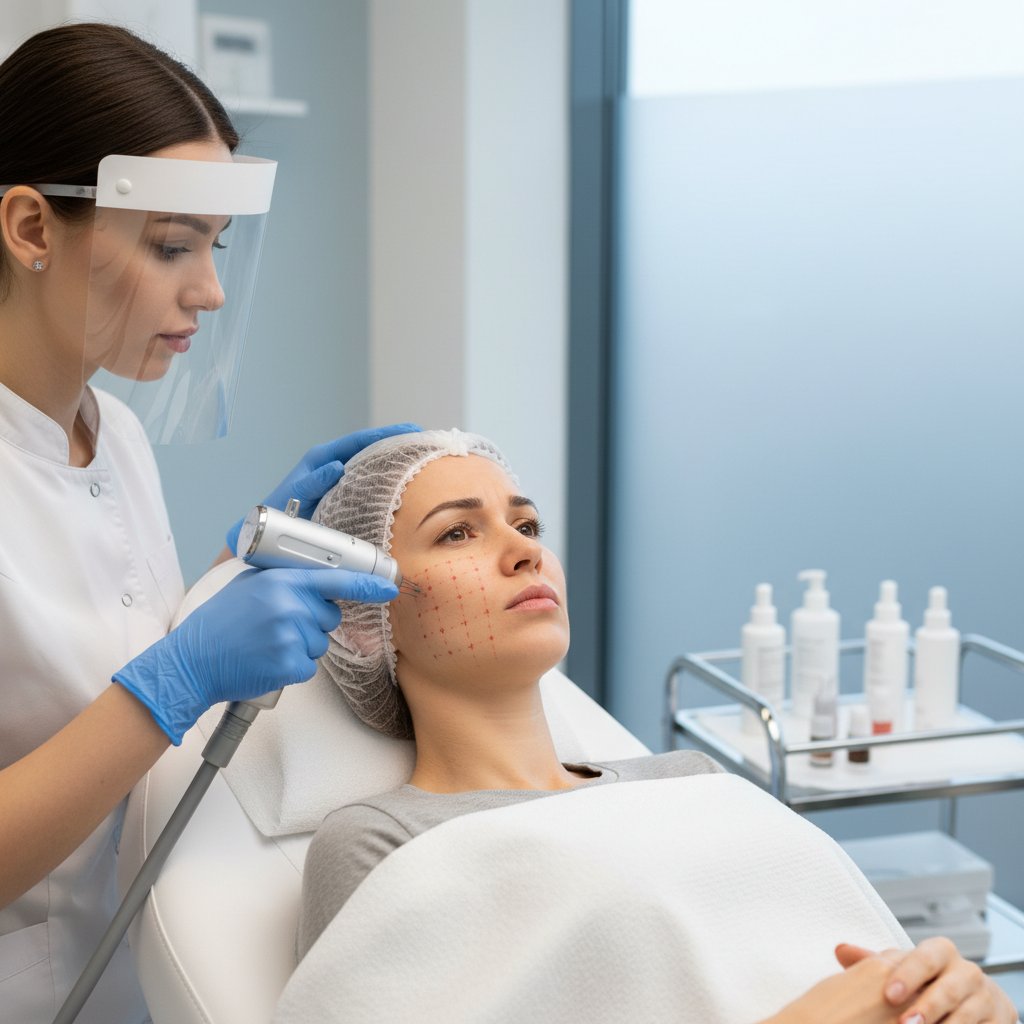 Gabinet zabiegowy, kobieta poddawana mezoterapii igłowej twarzy z widocznym wyrazem oczekiwania i niepokoju