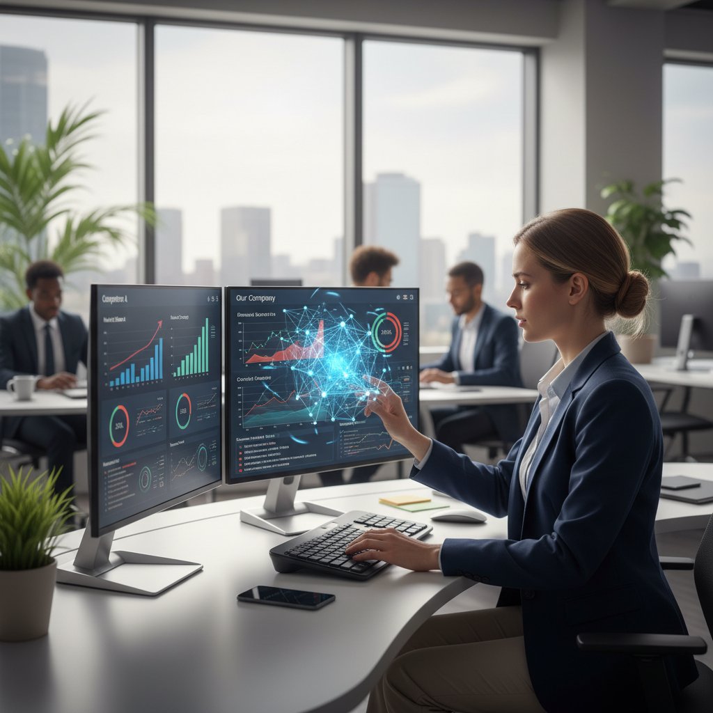 Młoda kobieta pracuje z AI przy analizie konkurencji, laptop, wykresy, futurystyczny klimat