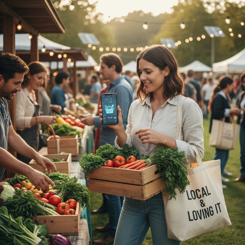 Młoda kobieta korzystająca z AI podczas zakupów na bazarze, obok skrzynki z warzywami – lokalna zrównoważona codzienność