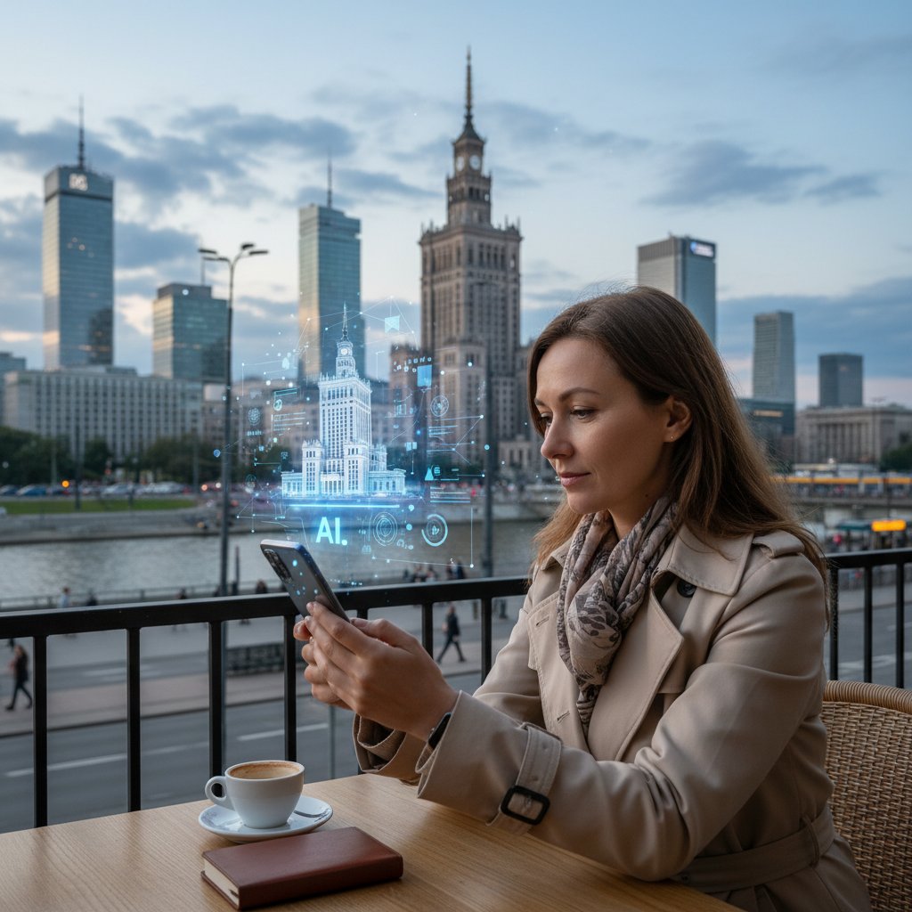 Kobieta korzystająca z aplikacji mobilnej AI w centrum Warszawy, miasto w tle