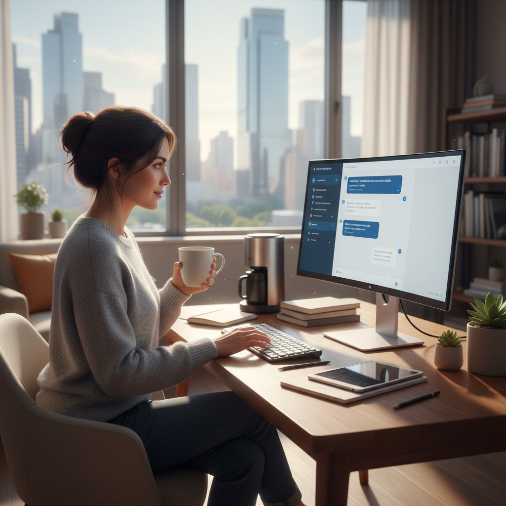 Kobieta korzystająca z interaktywnego czatu AI podczas porannej kawy, światło wpada przez okno, atmosfera produktywności