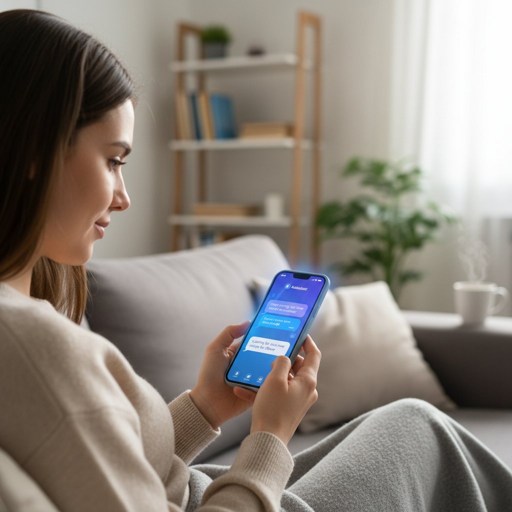 Nowoczesna kobieta korzystająca z chatbota AI w codziennym otoczeniu, atmosfera skupienia