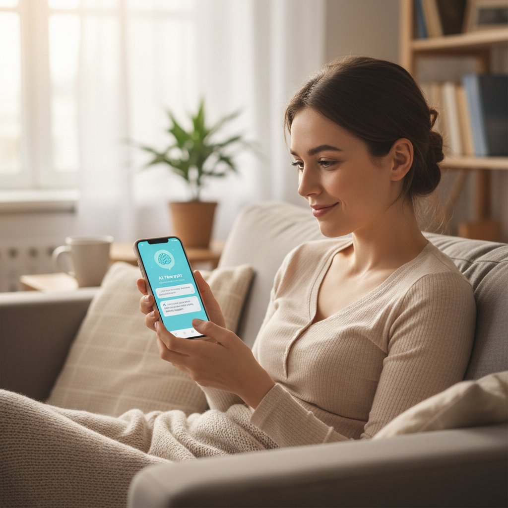 Kobieta korzystająca z aplikacji AI psycholog na smartfonie, wyraz ulgi