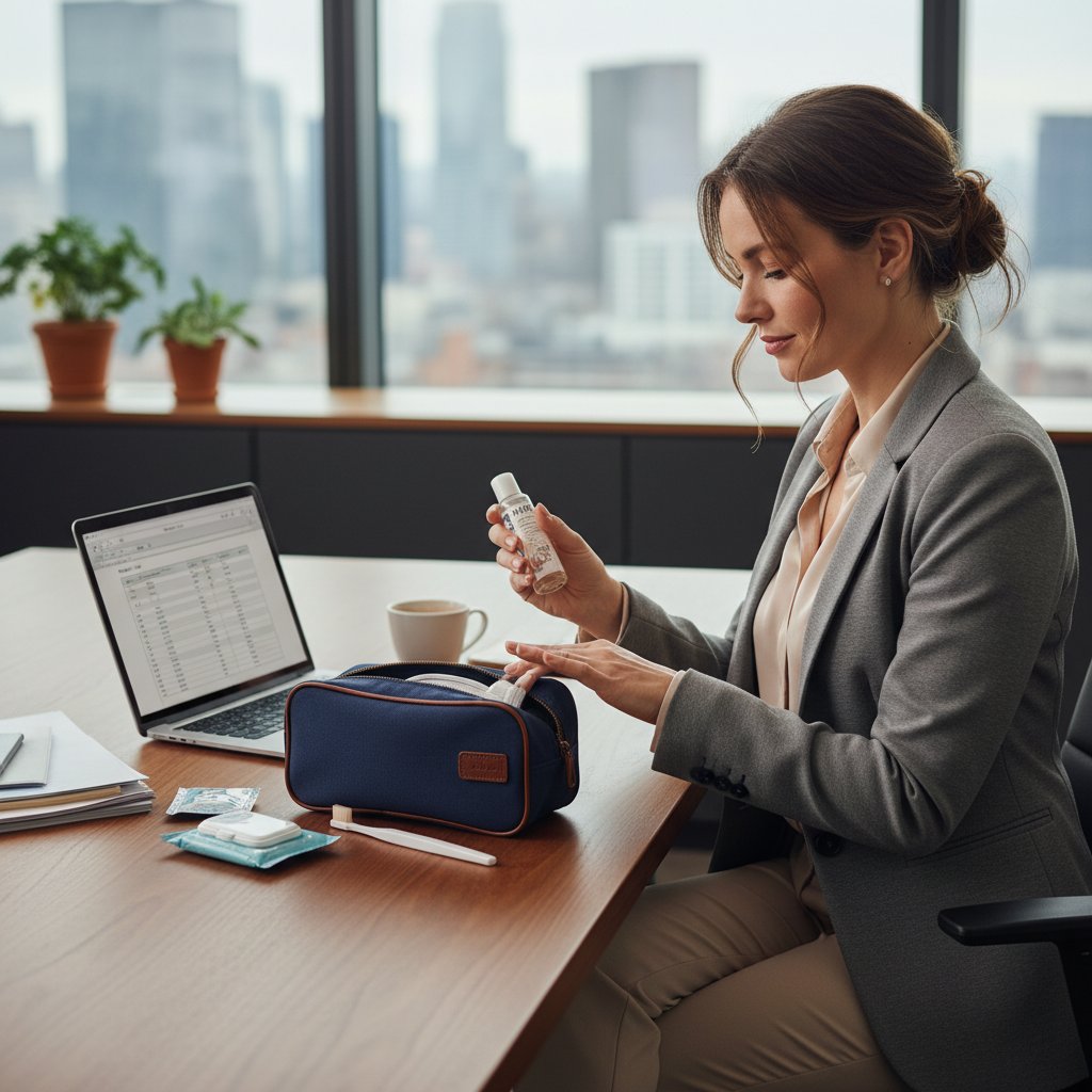 Kobieta używająca kosmetyków z amenity kitu w biurze, praktyczne zastosowanie poza podróżą