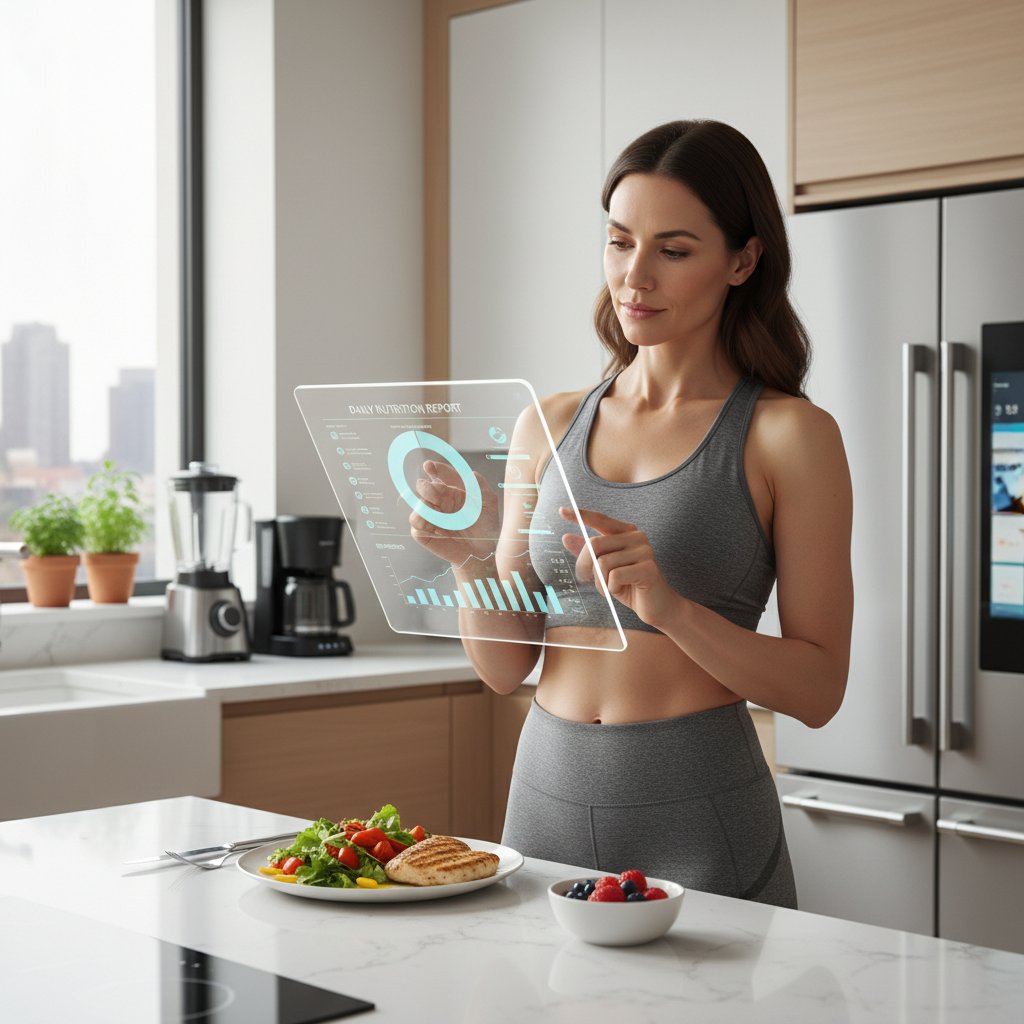 Młoda kobieta korzysta z aplikacji do analizy diety na smartfonie w nowoczesnej kuchni