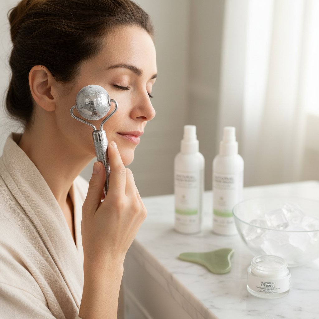 Kobieta stosująca zimny roller pod oczami, domowy zabieg beauty, naturalna termoterapia w codziennej pielęgnacji