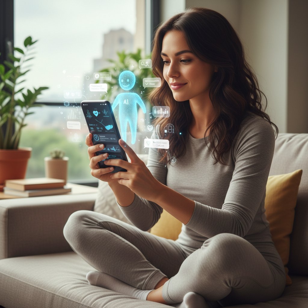 Młoda kobieta korzysta z aplikacji zdrowotnej na smartfonie w domu – technologia wspierająca zdrowie stawów