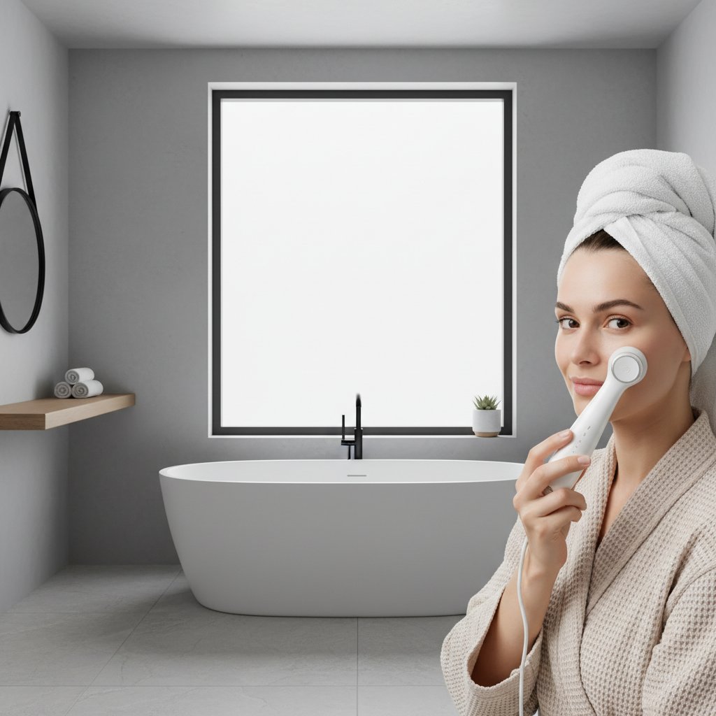 Kobieta używa domowego urządzenia do mikrodermabrazji w nowoczesnej łazience