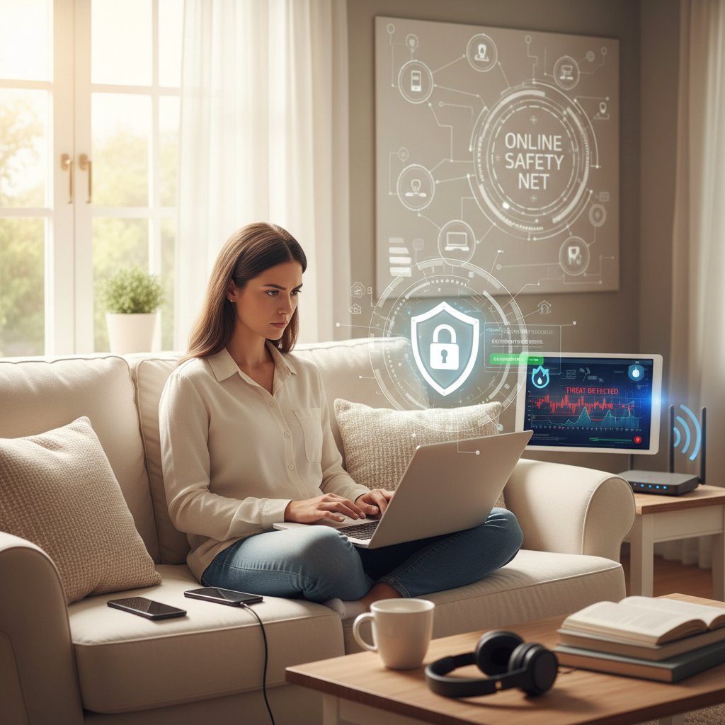 Kobieta korzystająca z laptopa w domowym zaciszu, symbolizująca bezpieczeństwo online
