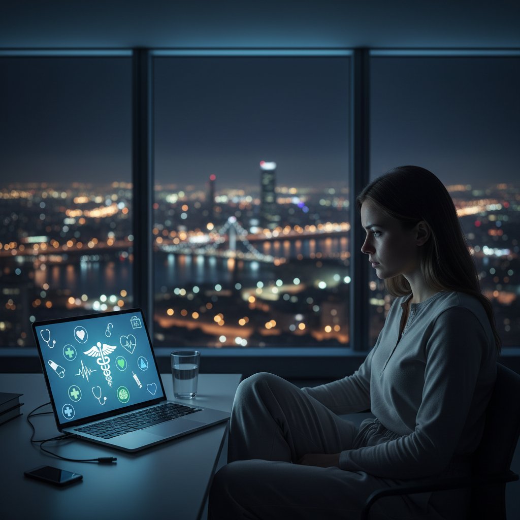 Kobieta korzystająca z laptopa podczas teleporady w ciemnym pokoju, z symbolami medycznymi w tle