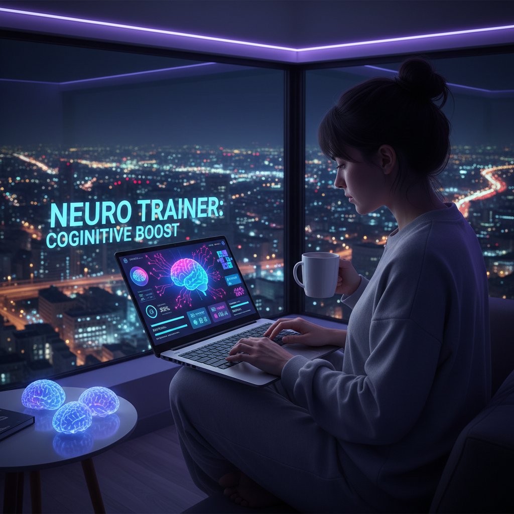 Osoba korzystająca z aplikacji pamięciowej w domu – dynamiczna scena z laptopem na tle miejskiego wieczoru