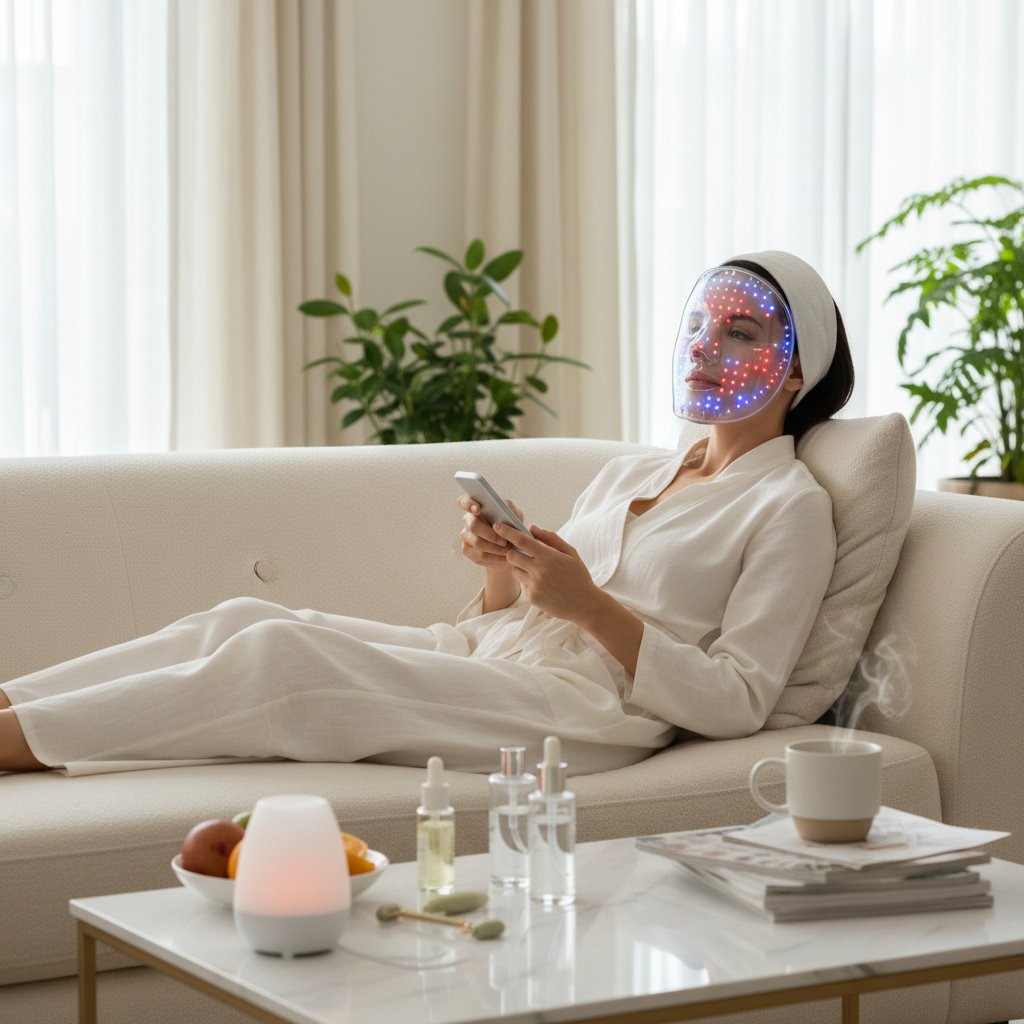 Kobieta używająca lampy LED na twarz w domowym otoczeniu – nowoczesne technologie w pielęgnacji