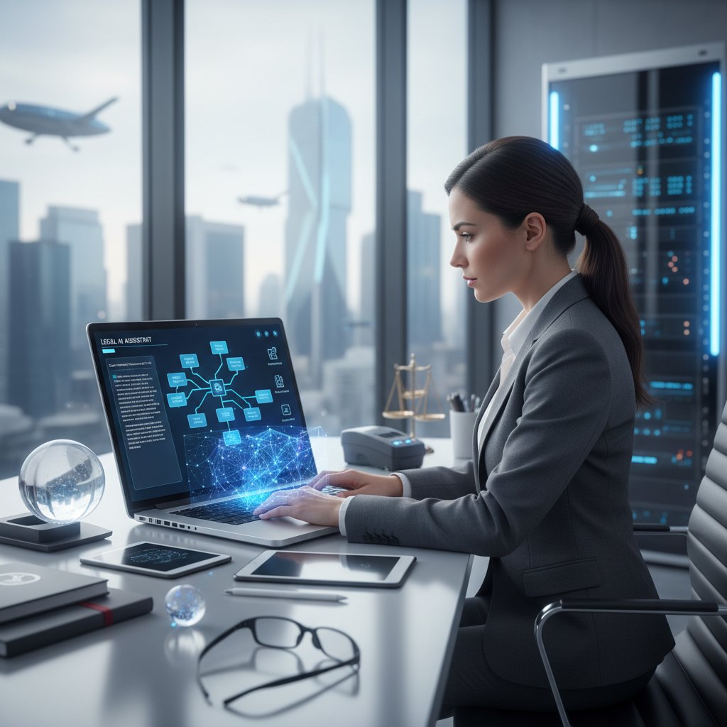 Młoda kobieta korzystająca z laptopa, na ekranie widoczny interfejs wirtualnego asystenta prawnego – słowa kluczowe: narzędzia prawne, AI, wsparcie
