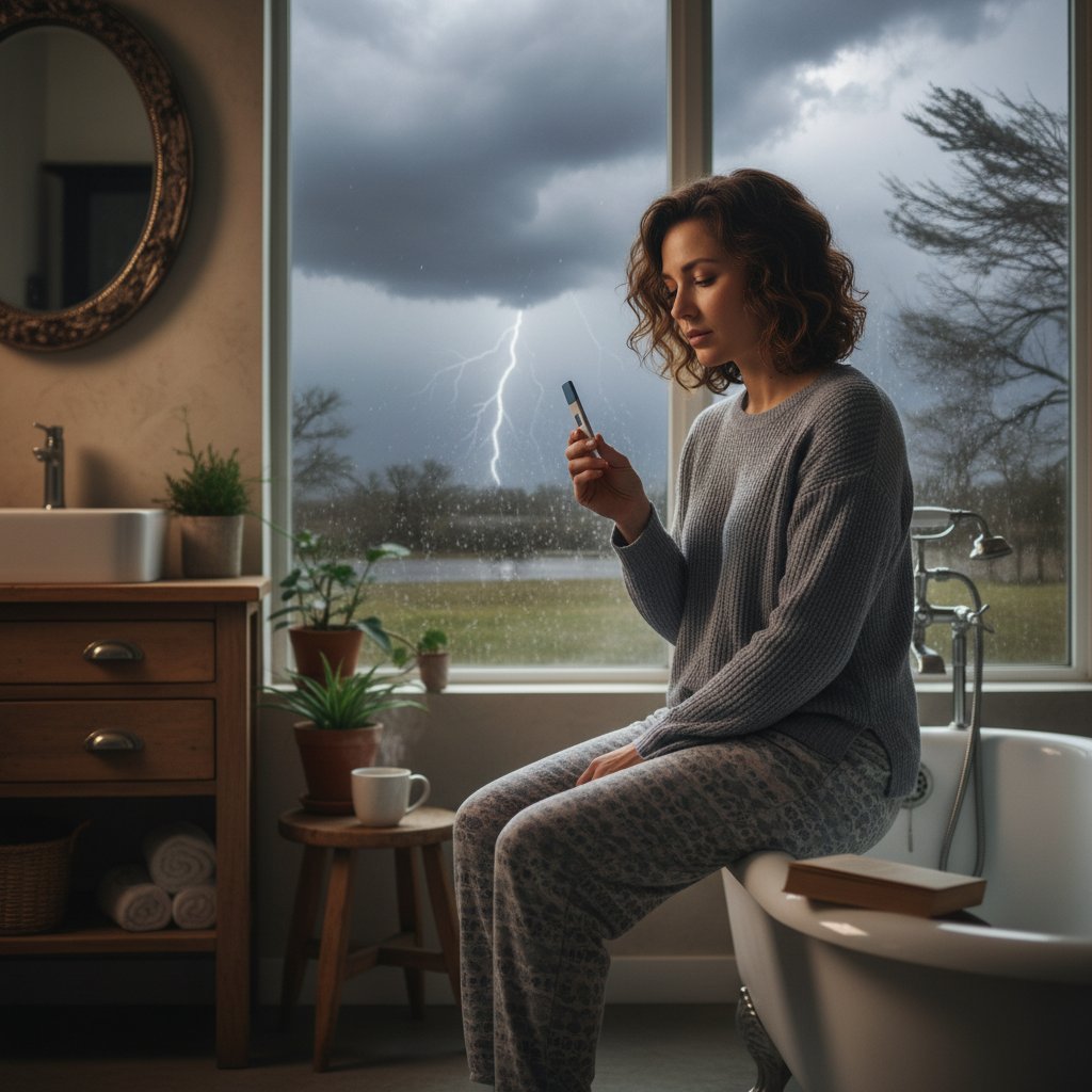 Kobieta korzystająca z testu owulacyjnego w domowym zaciszu, podczas burzy za oknem