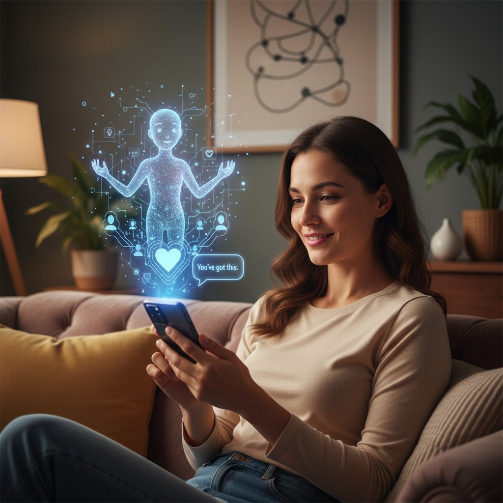Kobieta korzysta z telefonu, korzystając z aplikacji wsparcia emocjonalnego