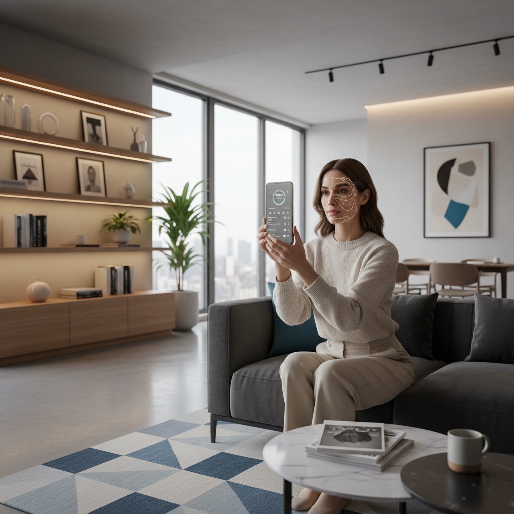 Kobieta korzystająca z aplikacji do analizy skóry, ekran smartfona z wykresem, tło: nowoczesny apartament