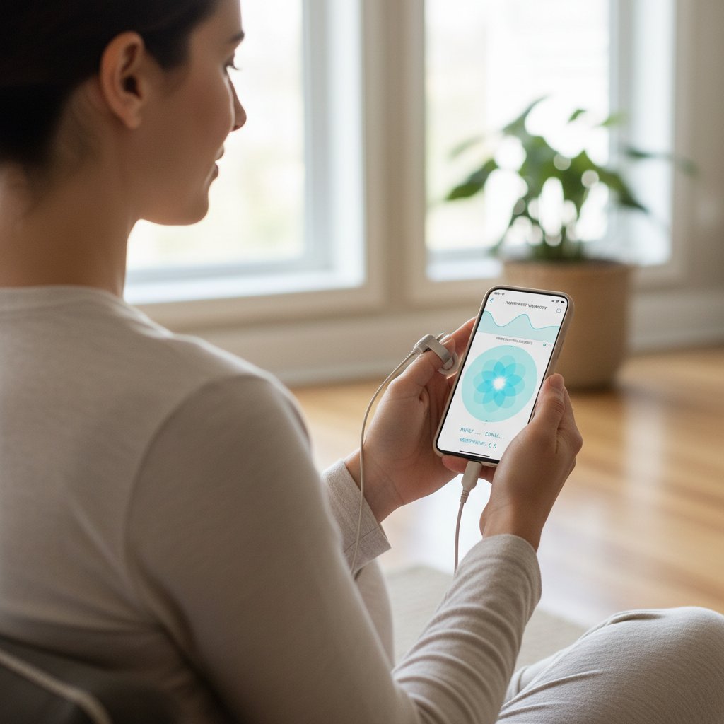 Kobieta korzystająca z aplikacji biofeedback na smartfonie podczas sesji oddechowej