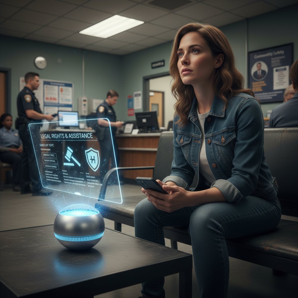 Młoda kobieta korzysta ze smartfona, szuka informacji o prawach na komisariacie, AI