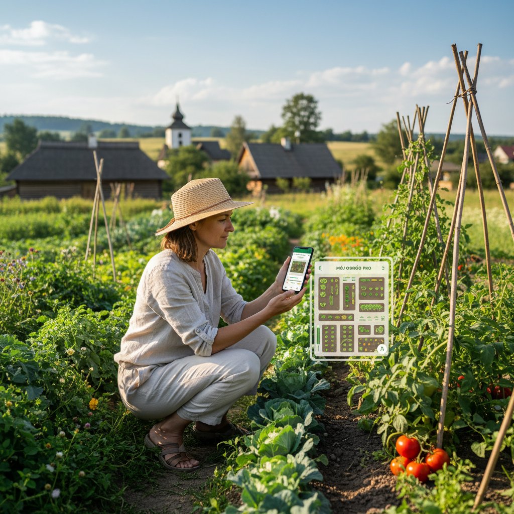 Kobieta używająca smartfona w ogrodzie warzywnym, aplikacja ogrodnicza, Polska