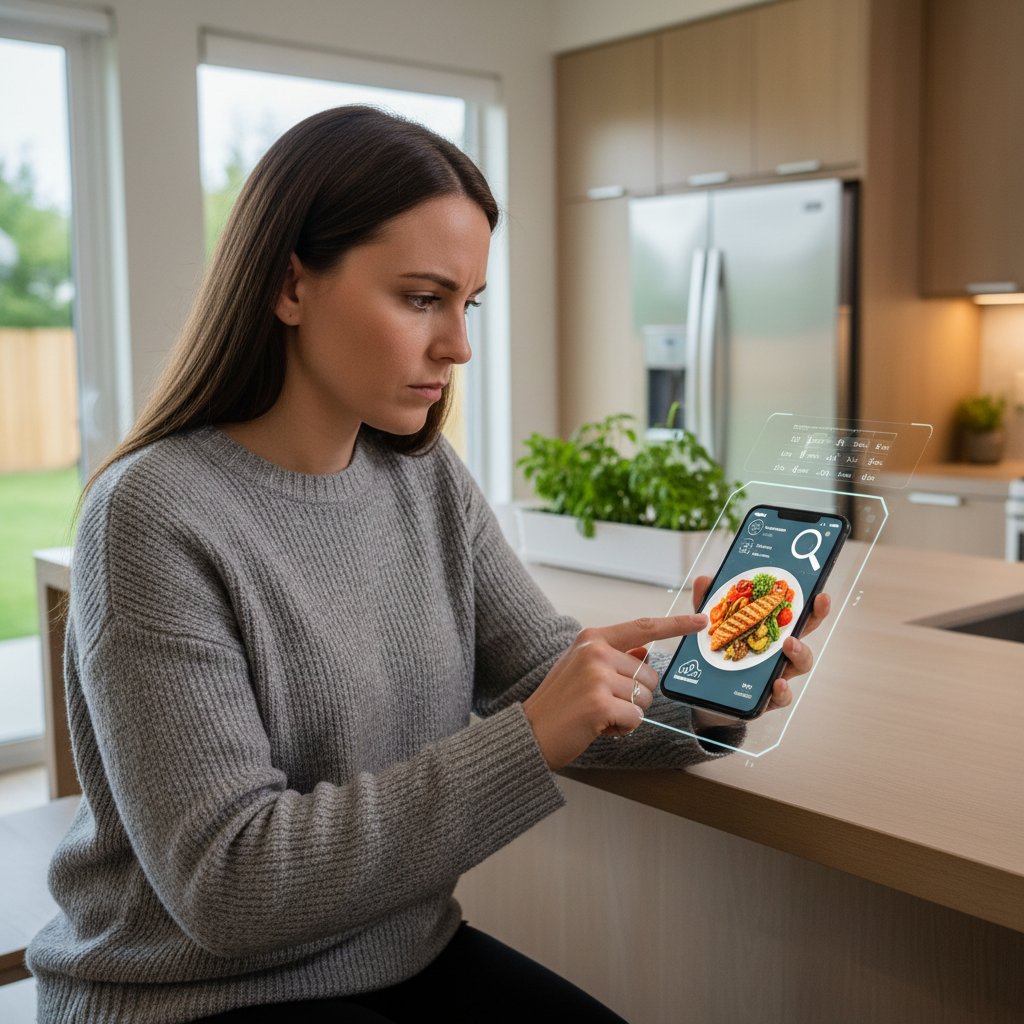 Kobieta korzystająca z aplikacji zdrowotnej przy posiłku, skupienie i nowoczesny styl życia, dieta kopenhaska w tle