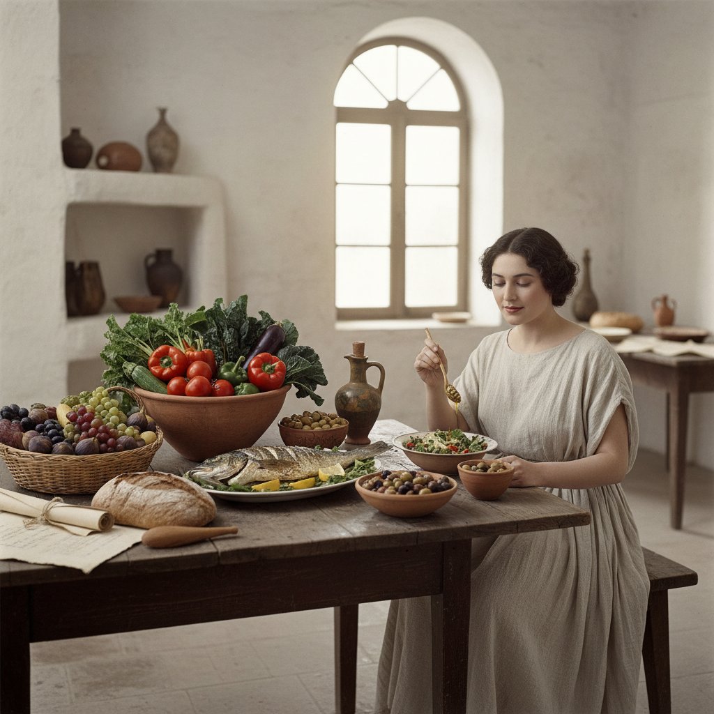 Kobieta przy stole z warzywami, oliwą i rybami – dieta przeciwzapalna na przestrzeni wieków